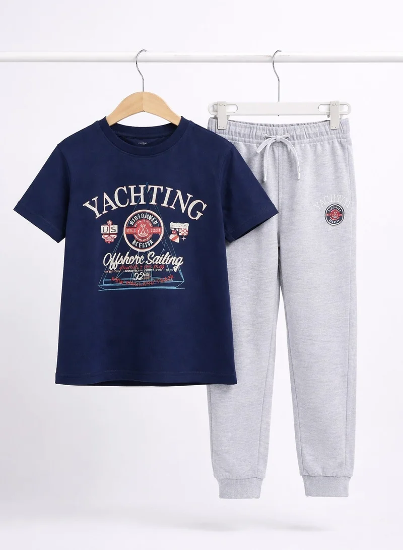 victor and jane Boys Yachting Printed T-Shirt & Grey Terry Joggers Set